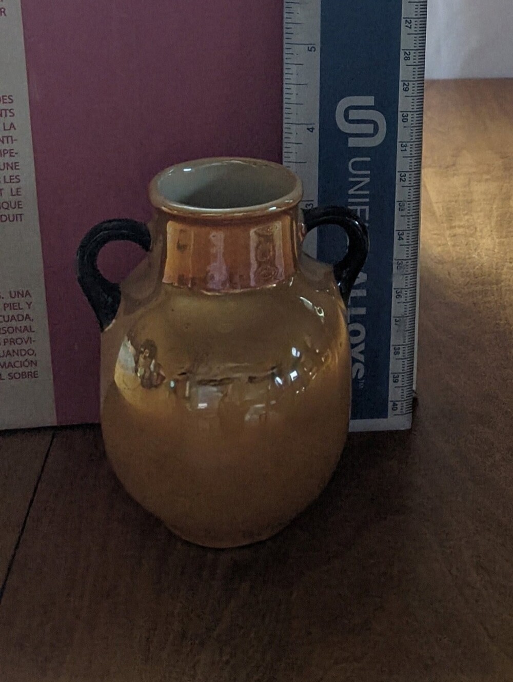 Orange Vintage Lusterware Vase with Black Handles Made In Chreeho Slovakia 38